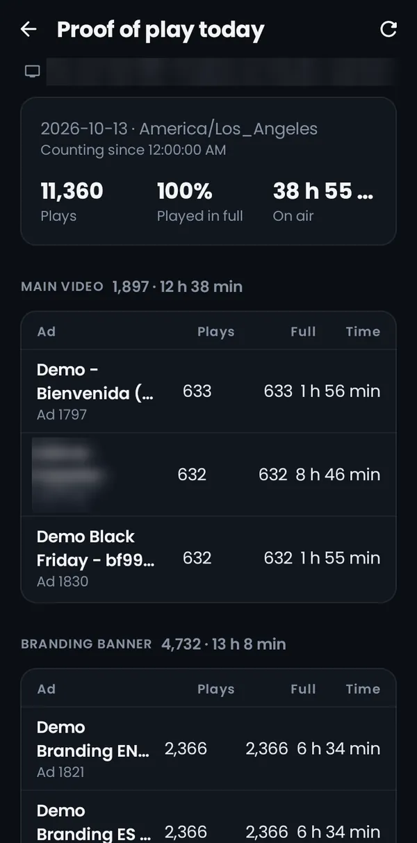 Proof of play today in the D-Promos Remote app: plays, played in full and time on air, per ad.